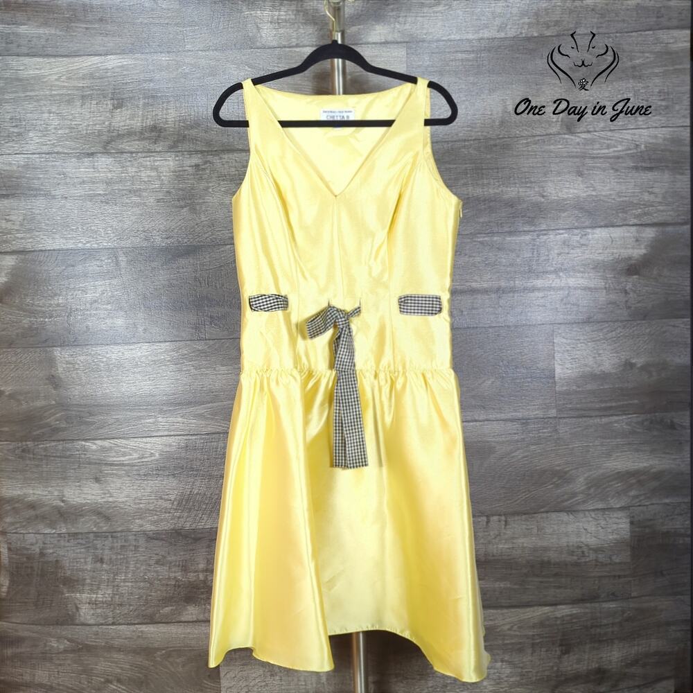 Chetta B Yellow Silk A-Line Midi Dress Gingham Bow Sleeveless V Neck Size 12